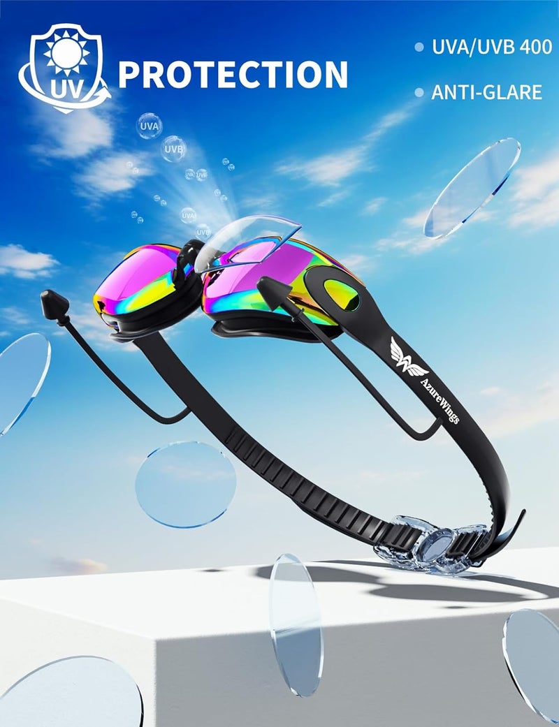 AzureWings 7 in 1 Swim Goggles + Swim Cap for Men Women,No Leak Anti-Fog & UV, Wide Visio HD Mirror PC Lens - Image 4